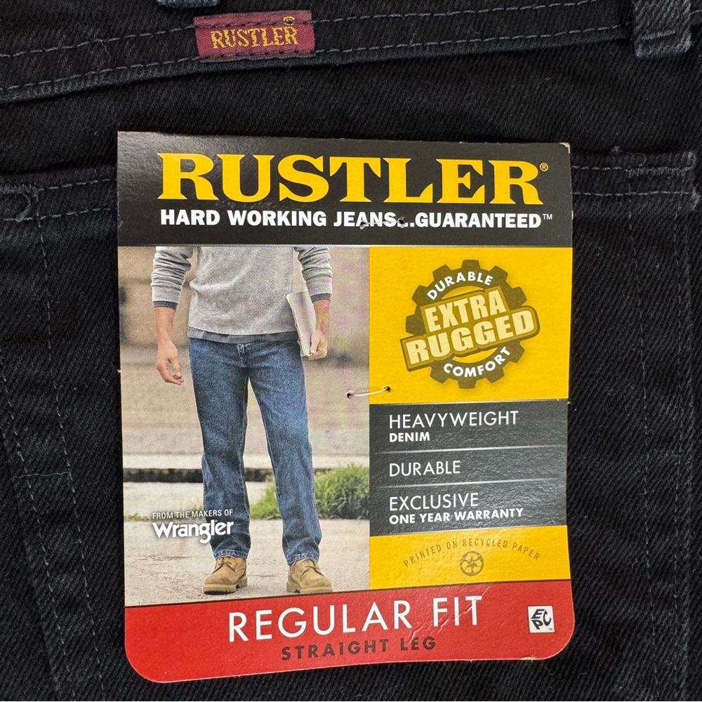 Wrangler Rustler Black Reg Fit Straight Leg Heavyweight Denim Jeans 37x29 NWT